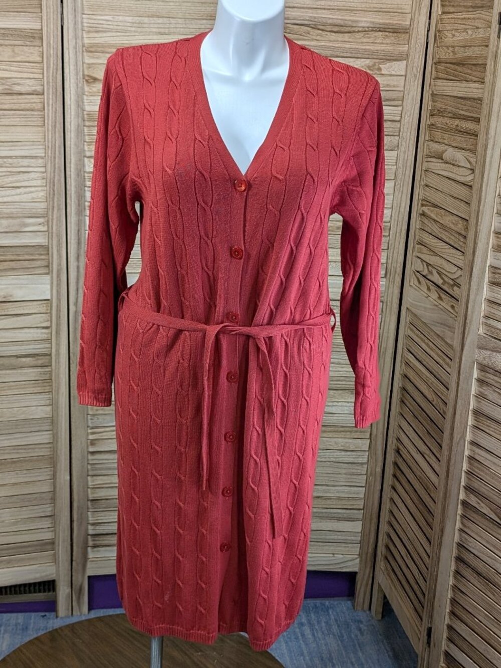 Dialogue Long Cable-Knit Button Front Belted Cardigan Rust Coral Size Large